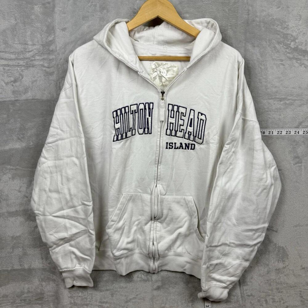 Y2K Pacific & Co Boxy Hoodie Full Zip Hilton Head Island Beach Relax White/Blue